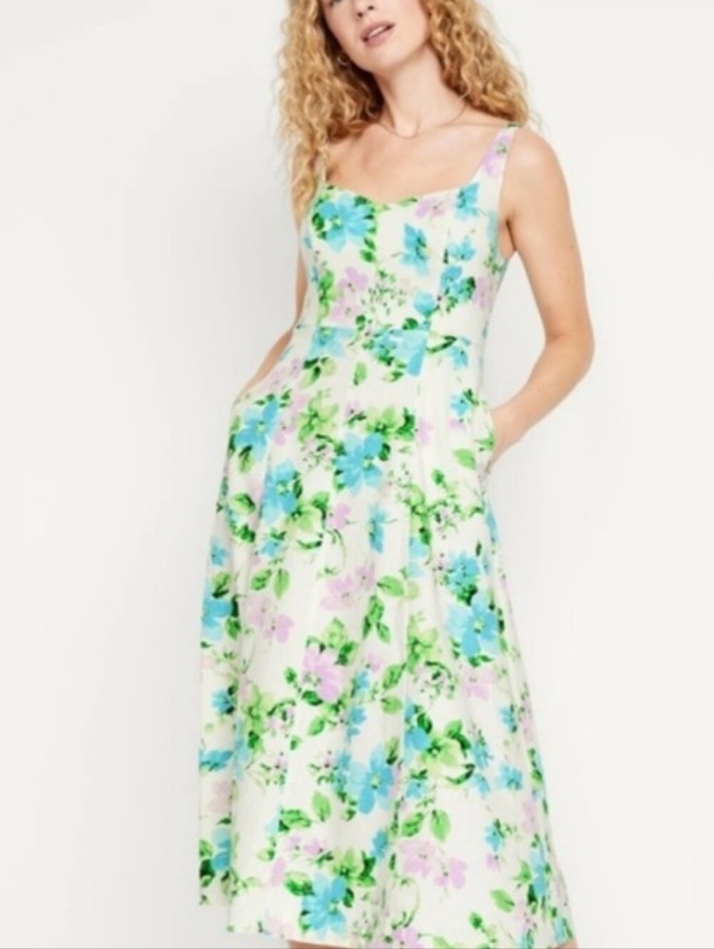 Old Navy Linen Blend Fit Flare Midi Floral Dress Garden Blue Purple M Feminine